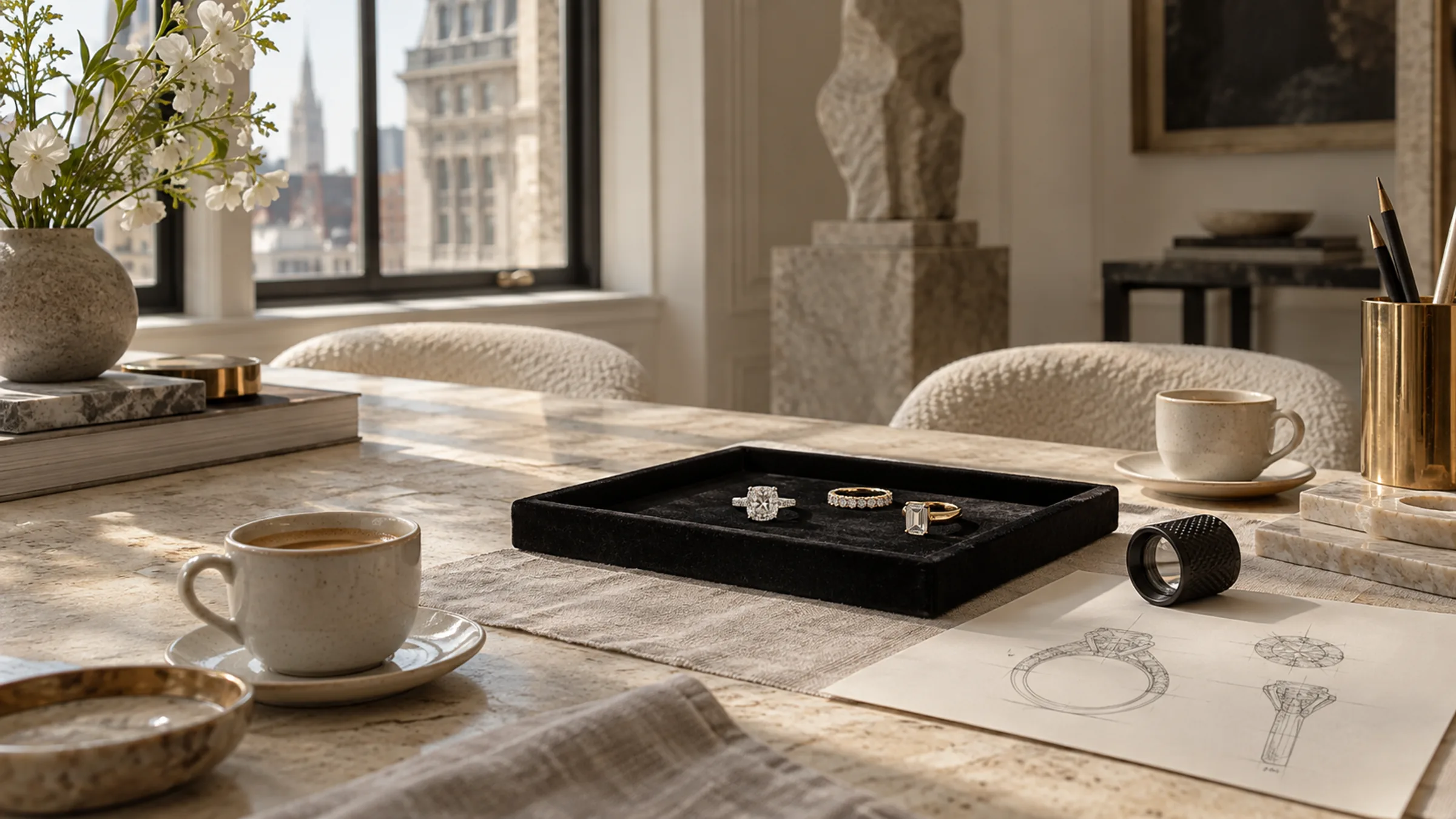 An appointment table by a tall window with a velvet tray of rings, a loupe, a design sketch, and two espressos