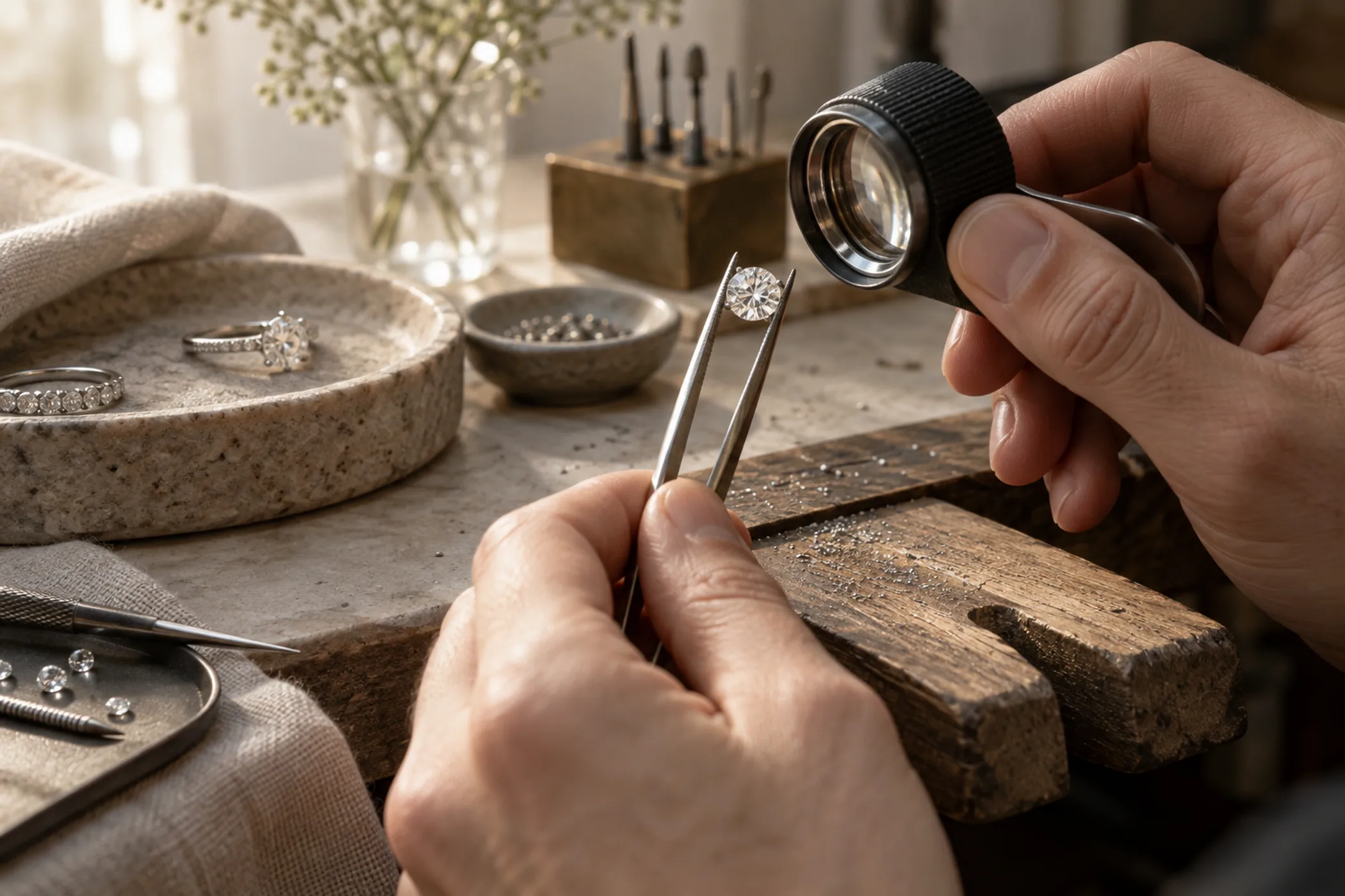 Hands at a jeweler's bench holding a round brilliant diamond in tweezers under a loupe