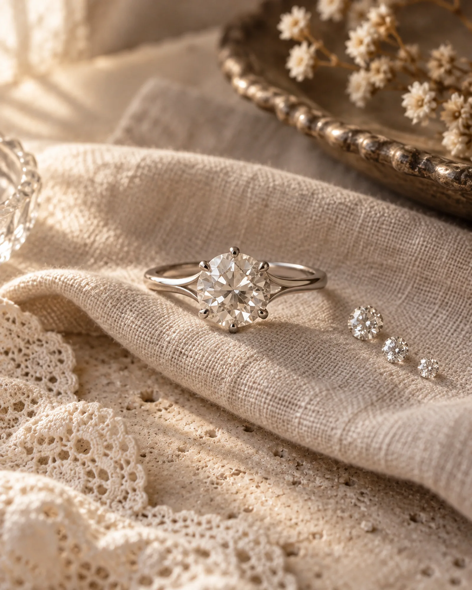Illustration: the same old European cut diamond reset in a slim platinum cathedral setting on linen