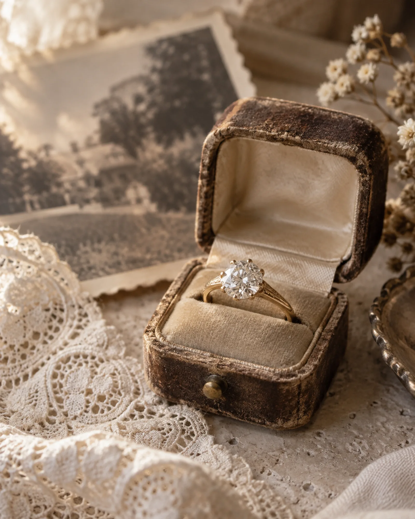Illustration: a worn 1940s yellow gold ring with an old European cut diamond in an aged velvet box