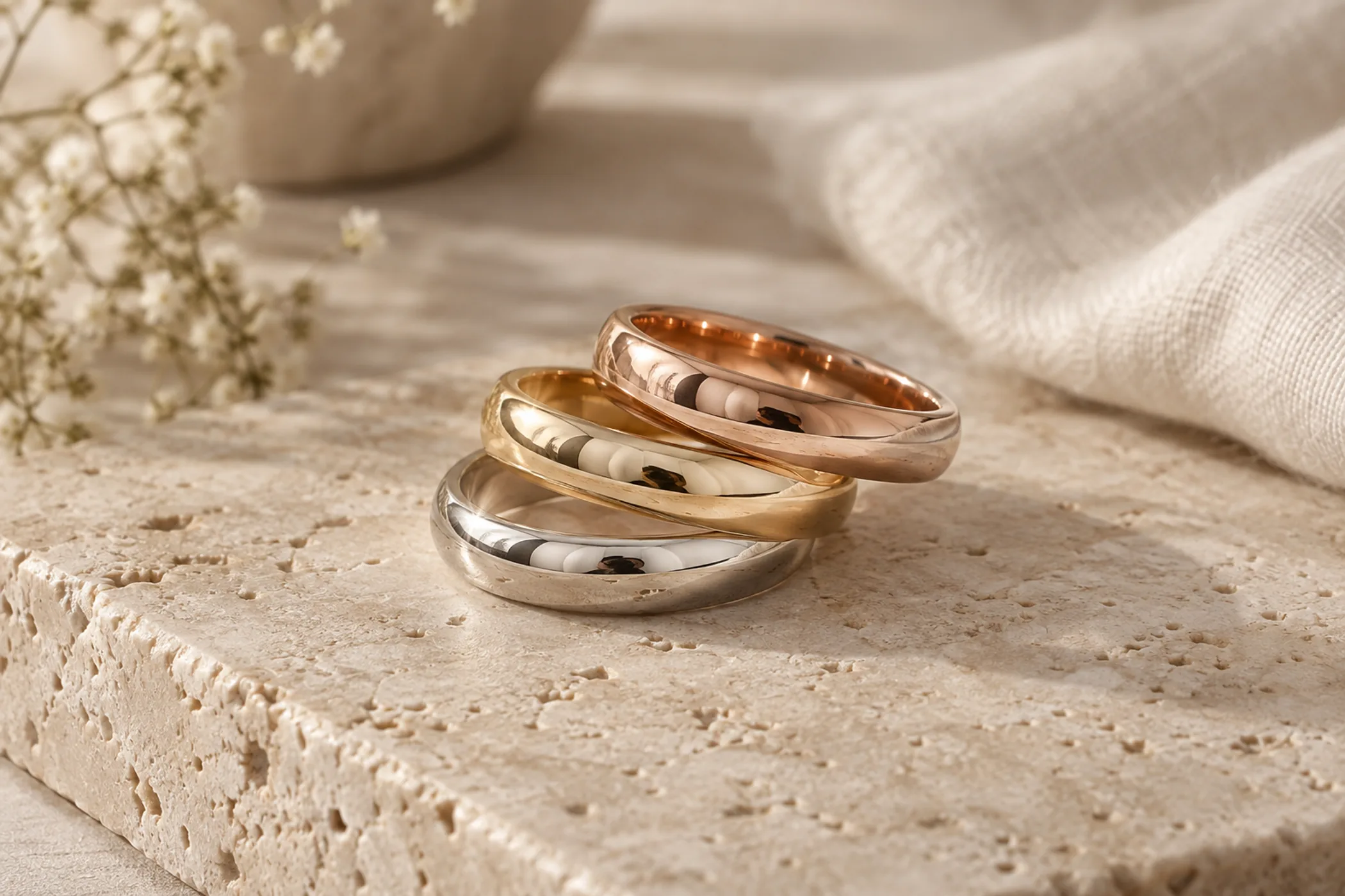 Platinum, 18k yellow gold, and 18k rose gold wedding bands stacked on honed travertine