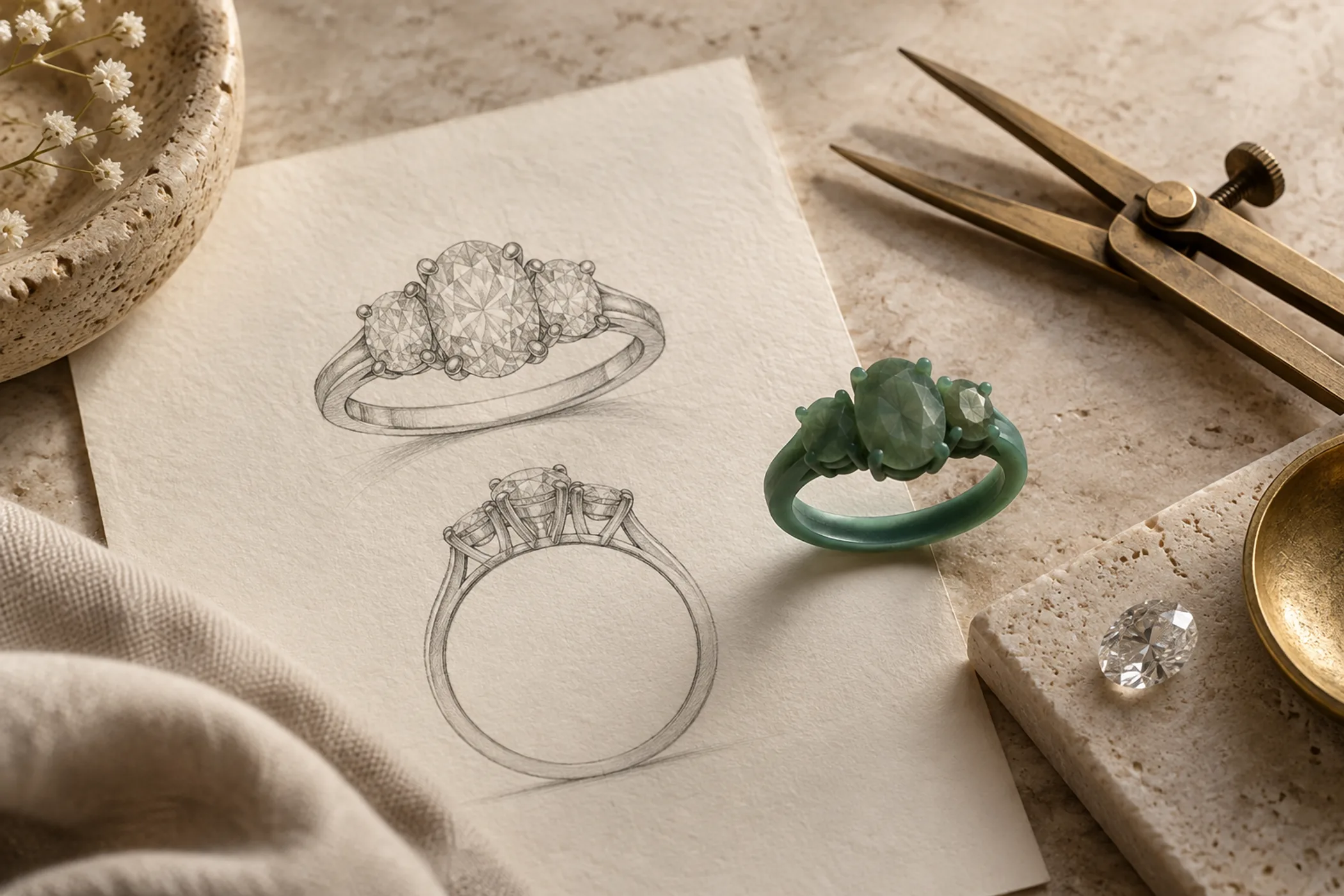 Pencil sketch of a three-stone ring on cotton paper beside a carved green wax model and brass calipers