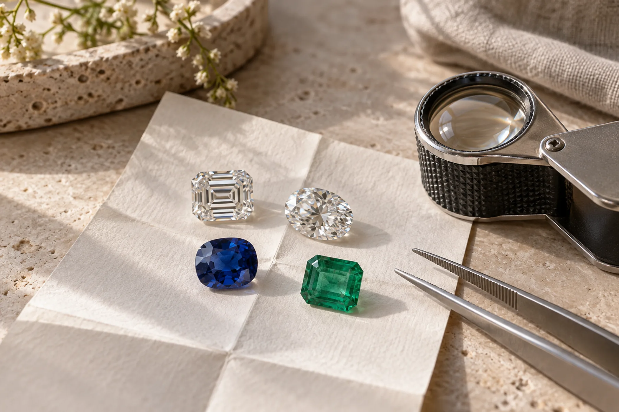 Loose emerald cut and oval diamonds, a blue sapphire, and an emerald on folded diamond paper with tweezers and a loupe